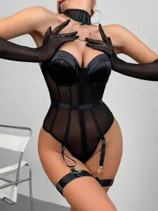 Plus Size Sexy Bustier Bodysuit Lingerie Set with Choker and Garter Leg Rings, Sheer Mesh Corset Teddy Lingerie for Women