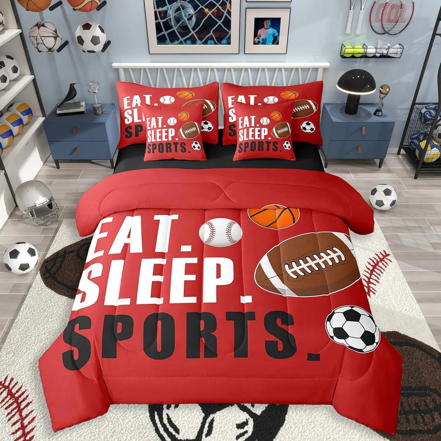Sports Comforter Set Bedding Set Sports Lover Gift Ultra Soft Football Soccer Basketball Baseball Quilt Breathable Lightweight Microfiber Red Ball Game Room Decor