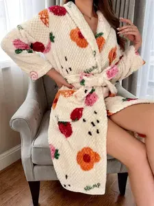 Women's Floral & Fruits Print Textured Pocket Flannel Bathrobe, Casual Aesthetic Longsleeves Shawl Collar Neckline Pastel Dressing Gown, Women's Sleepwear for Autumn & Winter, Womenswear, Homewear, Apricot Casual Soft Bathrobe（gif