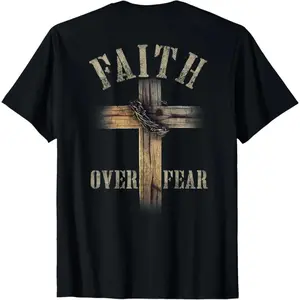 Faith Over Fear Casual Round Neck Cotton Short-Sleeve T-Shirt, Christian Cross and Jesus Design, Streetwear Style Sports Top