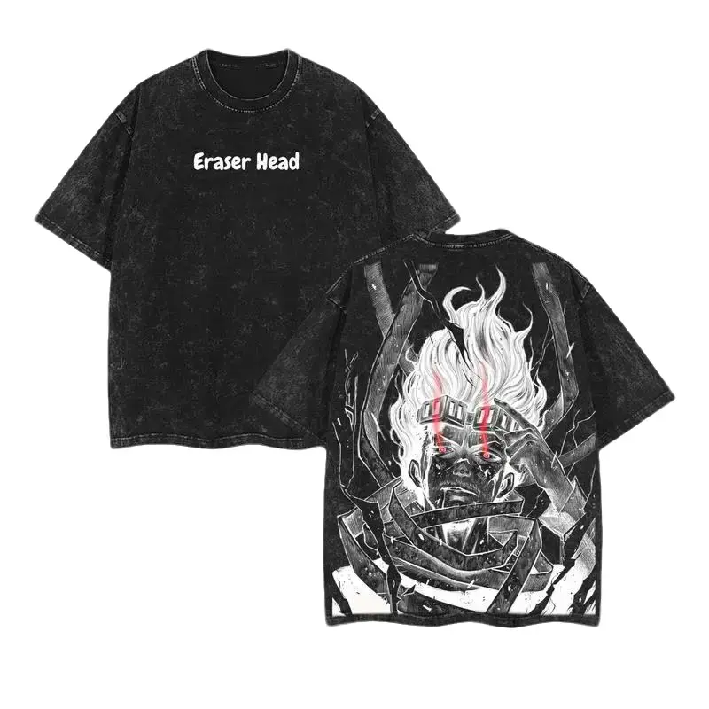 Men's My Hero Academia Graphic Tee - Unisex Oversized 230gsm Heavyweight Cotton Menswear, Shota Aizawa Print, Round Neck, Ribbed, Short Sleeve, Loose-Fitting, Soft, Vintage Washed Streetwear, Machine Washable, Free Expedited Shipping