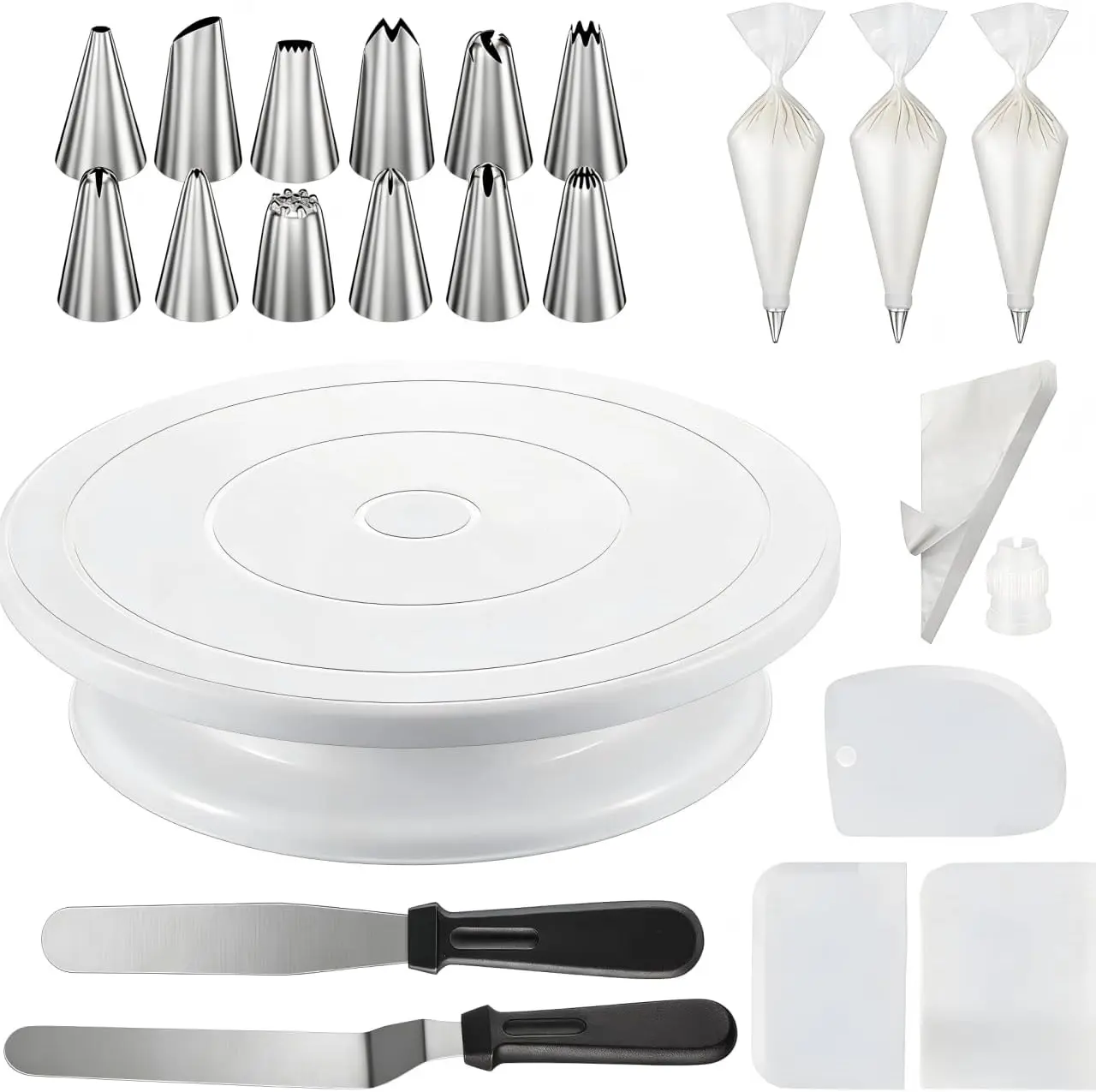 69 Pcs Cake Decorating Set- Includes Cake Stand Turntable,12 Icing Piping Tips Set, 50 Piping Bags, 3 Scrapers, 2 Frosting Spatulas and 1 couplers, Baking Supplies Kit for Home Bakers and Professional