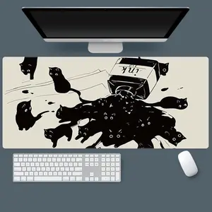 Gaming Mouse Pad XXL Extended Anime Mouse Pad 31.5x15.7inch, Large Cute Kawaii Big Computer Mouse Mat Desk Pad with Non-Slip Rubber Base and Stitched Edge for Home Office-Black Ink Cat