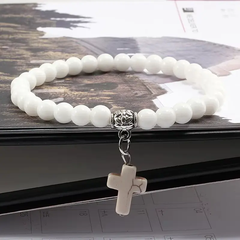 6MM Natural Onyx Bead Prayer Bracelet with Jesus Cross Pendant, Unisex Fashion Jewelry for Yoga, Friendship