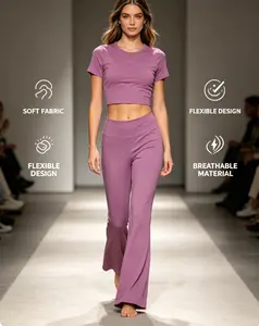 Viral Cropped Top & Flare Legging Sets for Women Buttery Soft 4-Way Stretch Matching 2 Piece Outfits High Waist Tummy Control Yoga Pants & Short Sleeve Top Set with Contour Fit Perfect for Gym Yoga Hiking Casual Daily & Office Wear Womenswear Clothes