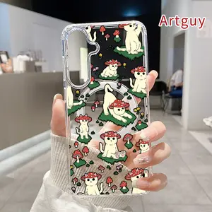 Magnetic Soft Case for  Samsung Galaxy S26 S23 Ultra S24 Plus FE S25 S22+ Cat Mushroom Fantasy Pattern Anti-Yellowing Shockproof ultra-thin Silicone Crystal Transparent Acrylic Large Hole Cover Supports Wireless Charging