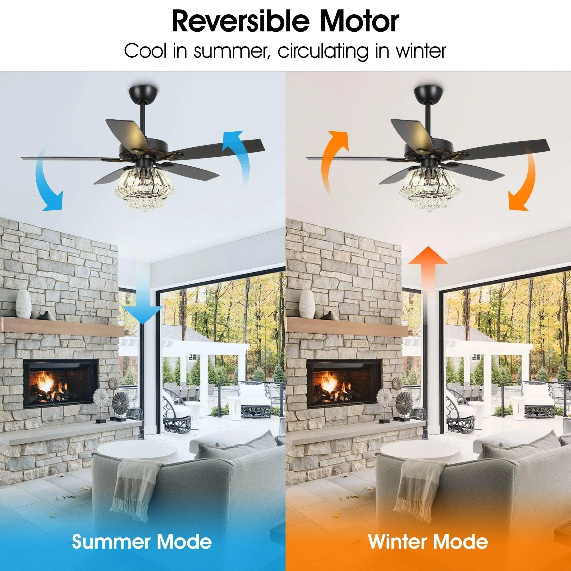 52" Kerala Modern Chrome Crystal Ceiling Fan, Downrod Mount, Reversible Blades with LED Light & Remote Control