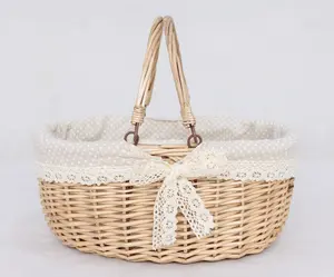 Vintage Lace Lined Wicker Picnic Basket: Handwoven Farmhouse Decor