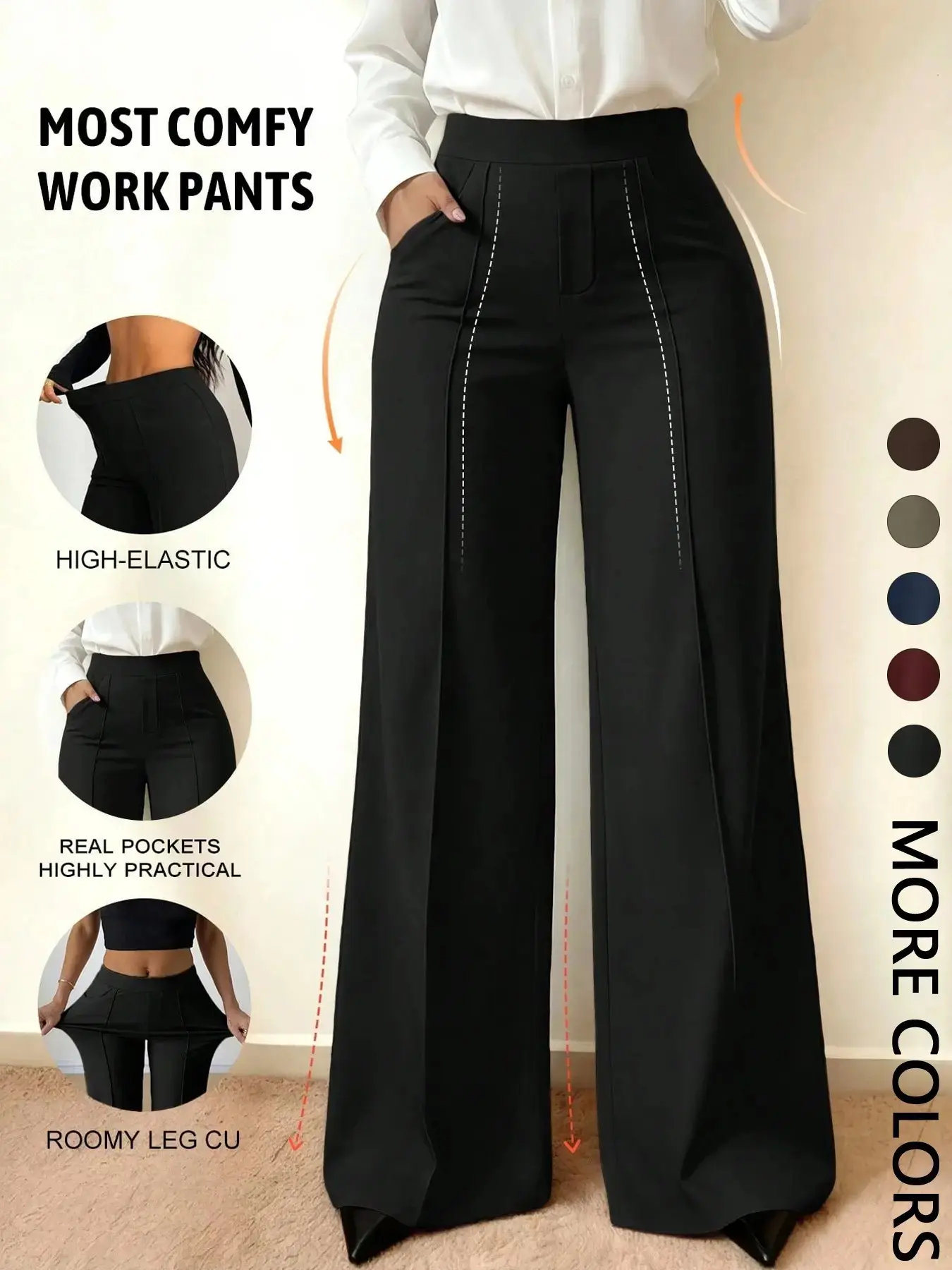 Wide Leg Office Pants, Front Split with Pockets, Loose Fit Baggy Slimming Suit Pants, Casual Daily Wear, Comfortable and Stylish