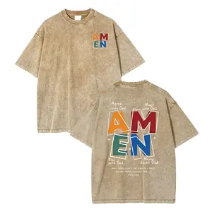 AMEN,Agree With God,Move With God,End With God,Never Doubt God, Classic Letter Header Design, Shoulder Drop Design, God Bless You, Classic Retro Fashion Casual Popular Color Letter Pattern Printed Boutique Washed T-Shirt, Men's washed pure cot