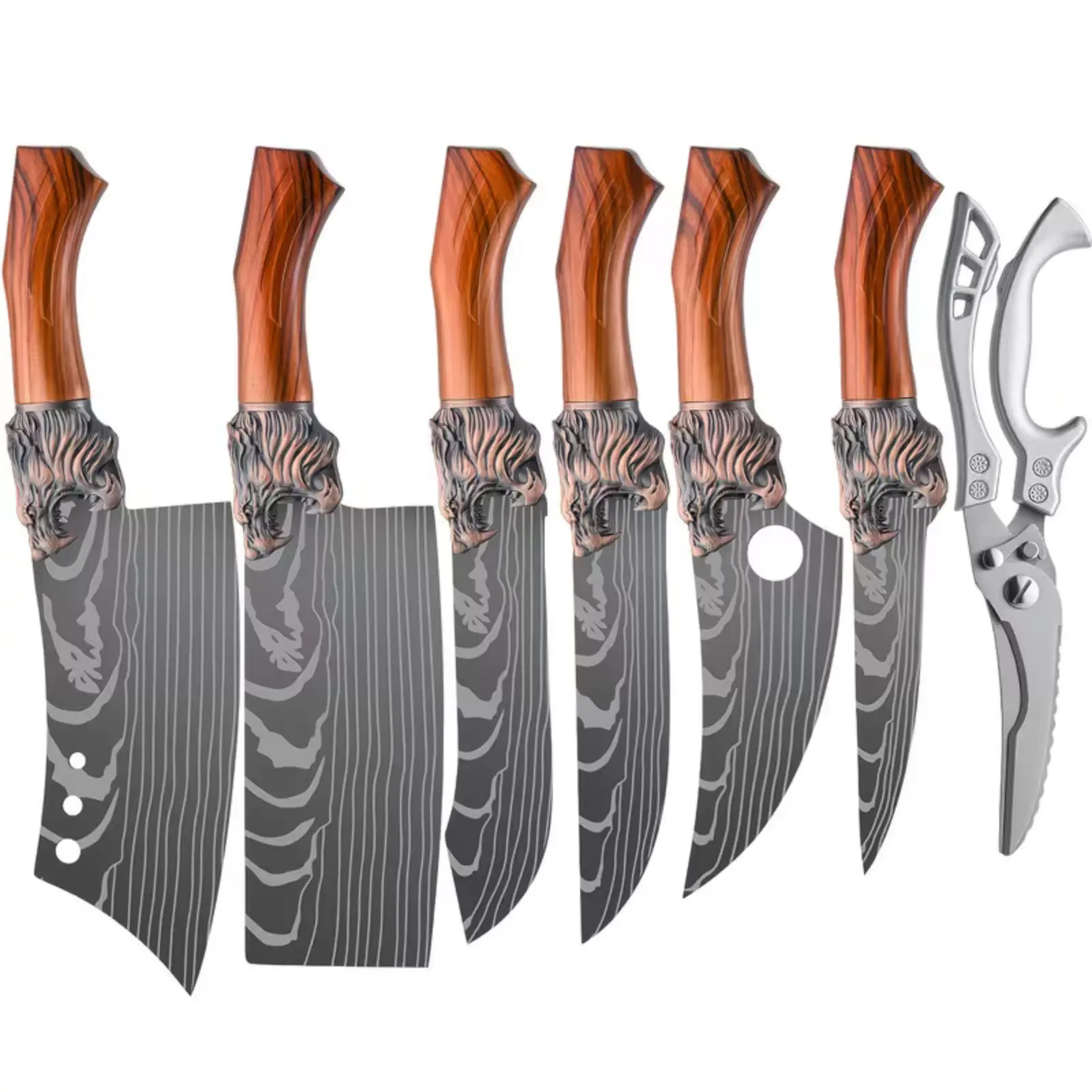 Lion Head Relief Handle Damascus Steel Kitchen Knife Set, 7 Pieces, Japanese Style, Home Use: Vegetable Knife, Boning Knife, Slicing Knife, Cooking Scissors — Complete Kitchen Knife Combo