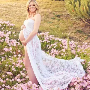 2025 New Sexy Sheer Lace Maternity Dress: V-Neck Maxi Gown for Pregnancy Photo Shoots