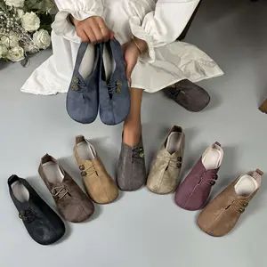 Women'S Soft Sole Round Toe Buckle Decoration Solid Color Casual Single Shoes Flat Suede Clog