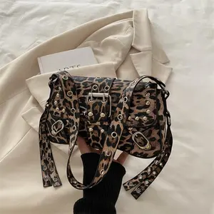 Women's Y2K Leopard Print Leather Baguette Bag - Studded Rivet, Adjustable Cute Shoulder Crossbody Handbag, Vintage Spice Girl Style Underarm Bag for Party, Everyday Use
