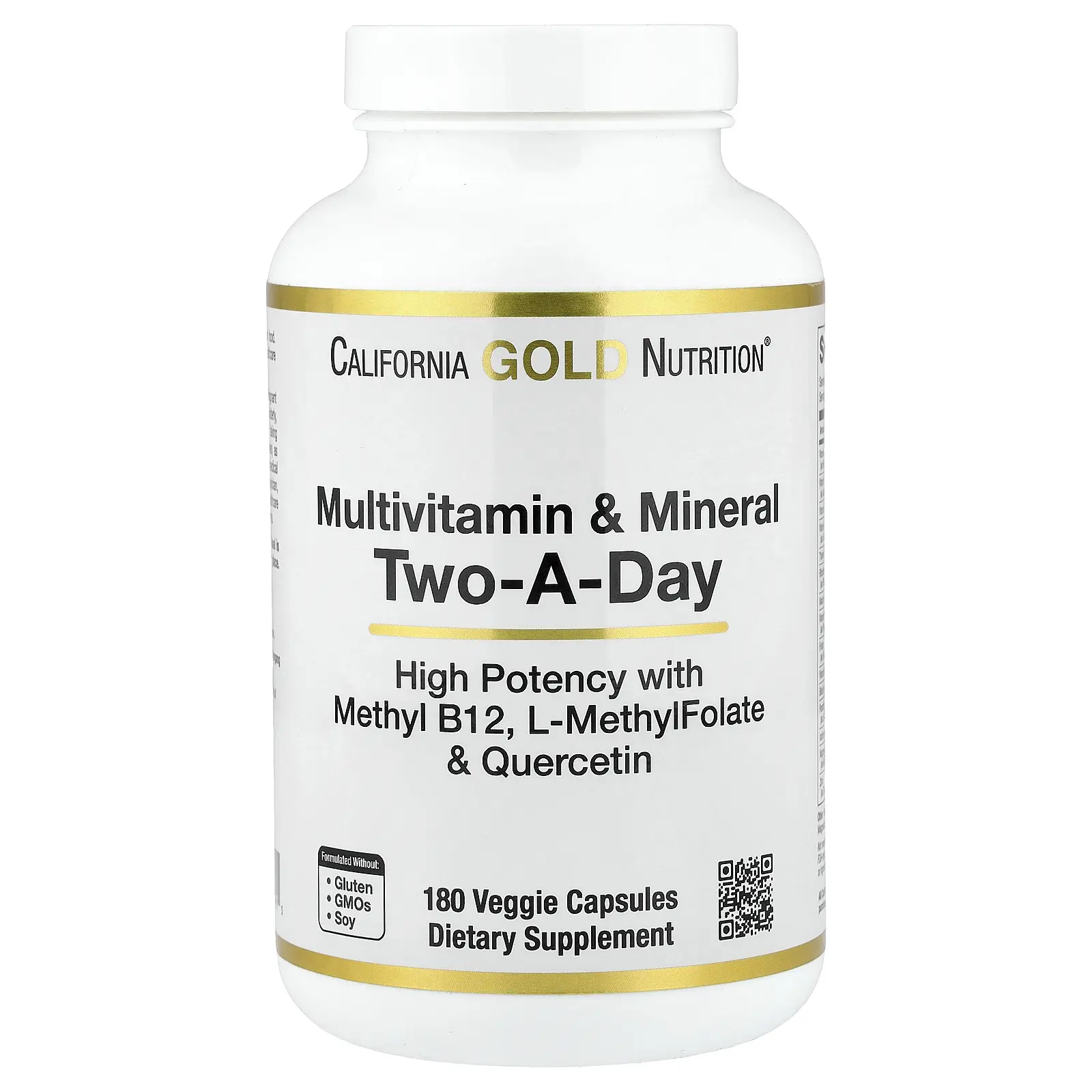 California Gold Nutrition Multivitamin and Mineral with Methyl B12, Vitamin C, L-MethylFolate and Bio-Quercetin, Two-A-Day, 180 Veggie Capsules