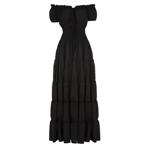 Bengup Renaissance Dress Pirate Peasant Wench Irish Costume Medieval Boho Chemise Faire Gown Maxi Long Dress Halloween Gothic Party Outfit Plain Beige Basic Cute Minimalist Womenswear 6531-Z1