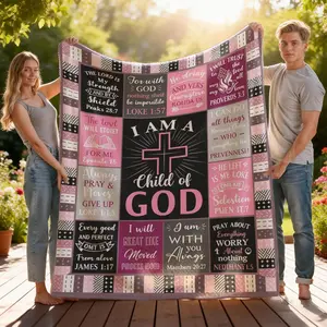 Christian Theme Slogan Print Flannel Blanket - "I Am A Child of God" Scripture Faith Message, Soft Cozy Multi-Size Plush Throw, Warm Fuzzy Bedding for Bedroom, Perfect Baptism Gift for Christian Women Believers, Slogan Print Blanket,summervibes