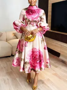 Elegant High Neck Lantern Sleeve Floral Womenswear Dress, Slim Fit Midi Lady Dress, Chic Gowns, Perfect for Special Occasions, Ideal Gift for Spring Summer Autumn Winter, Elegance