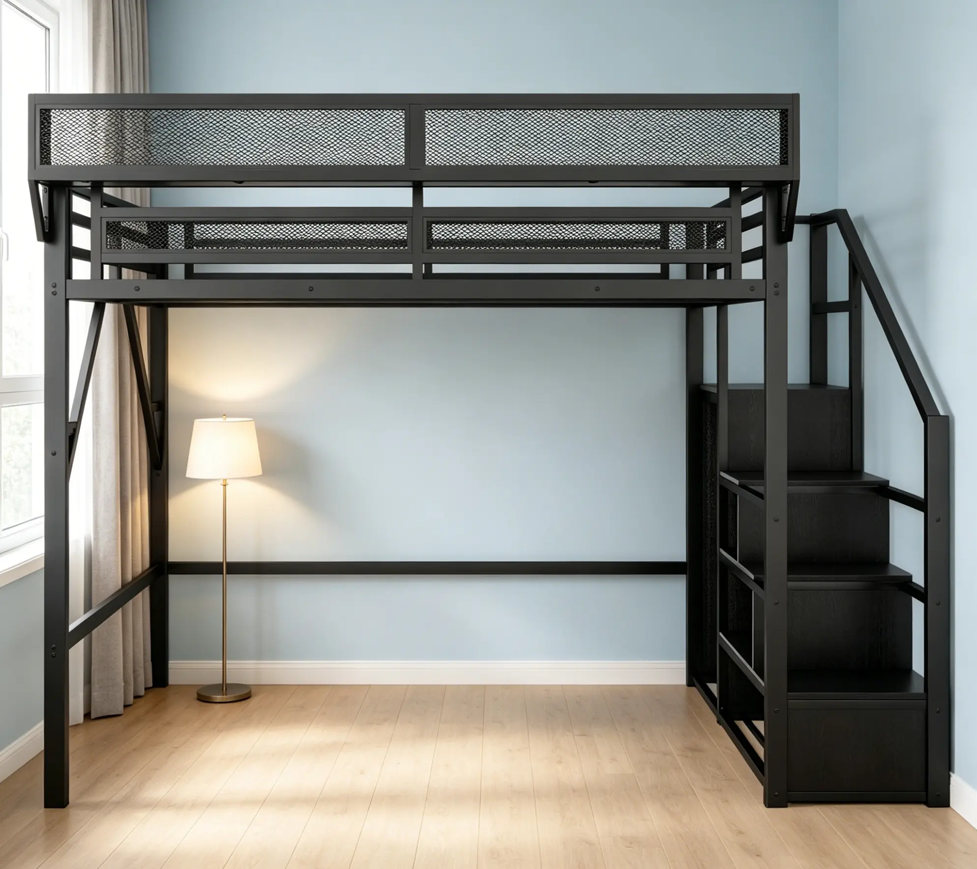 Functional Loft Bed with Integrated Wardrobe and Storage Shelves