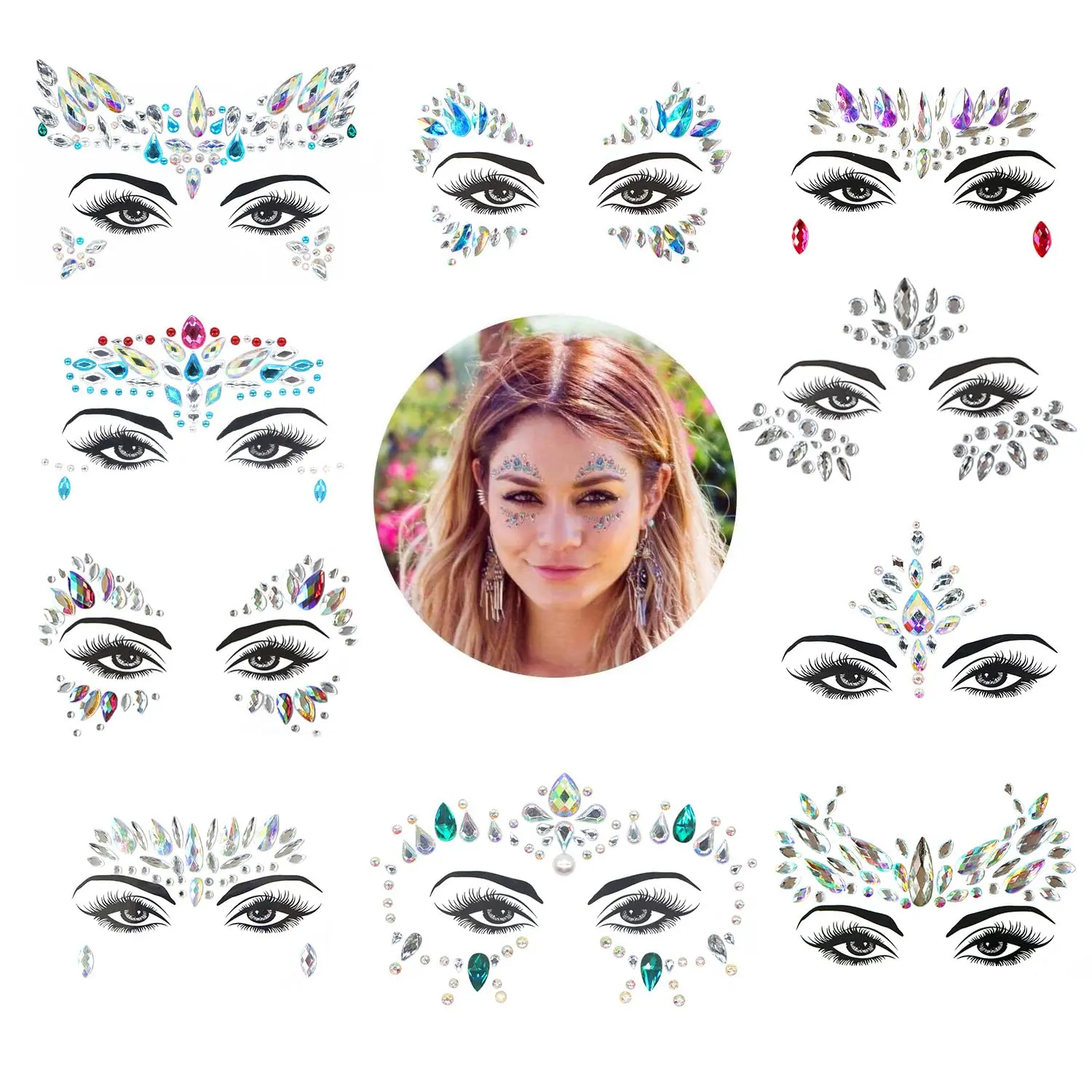 Face Gems, 10 Sets   Face Jewels Festival Gems Rhinestones Rave Eyes Body Bindi Temporary Stickers Crystal Stickers Decoration(Bright)