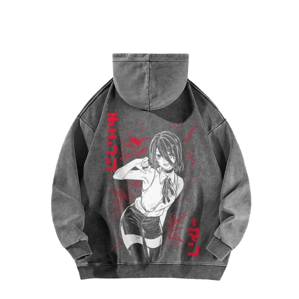 Reze CSM washed hoodie, fun anime-themed hoodie, manga hoodie