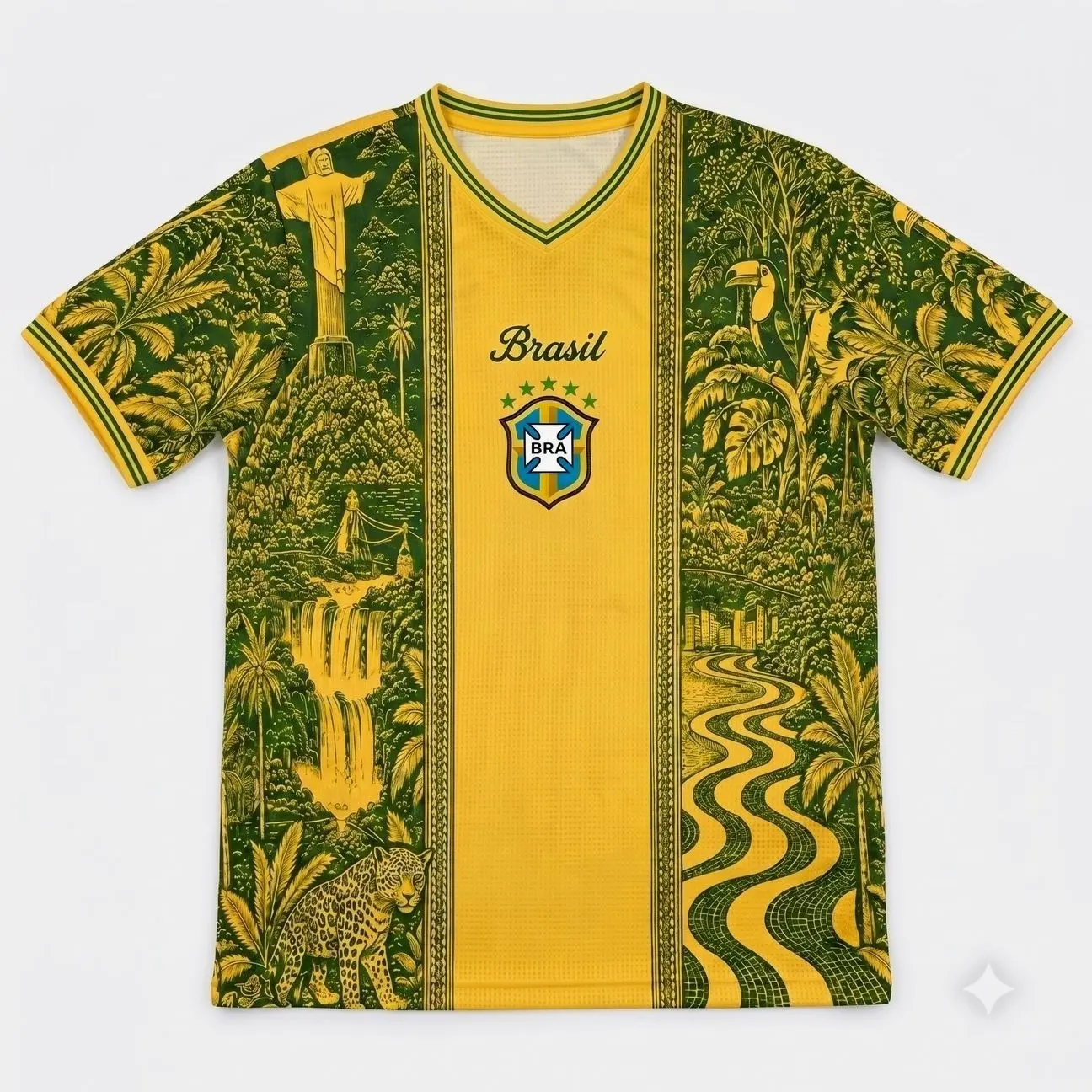 Copacabana Wave Yellow Green Soccer Jersey - Rio Landmark Football Top - Christ Redeemer Fan Shirt