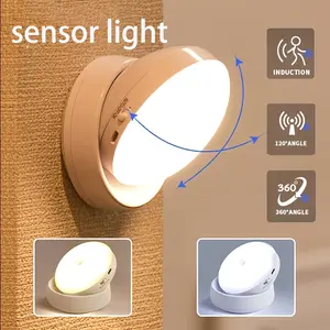 1pc LED intelligent sensor night light 360° rotating rechargeable circular energy saving eye motion sensor with magnetic base, USB rechargeable for wardrobe stairs bedroom kitchen corridor, bedside cabinet Light up your home