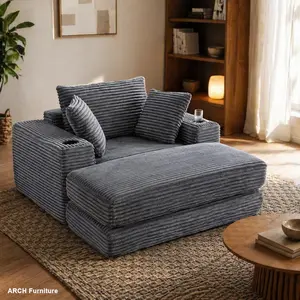 52.4-in Boneless Modern Chaise Lounge Chair - Oversized Cloud-Like Corduroy 3-in-1 Convertible Modular Sleeper Sofa, Grey Indoor Furniture for Living Room, Bedroom, Boneless Modern Sofa