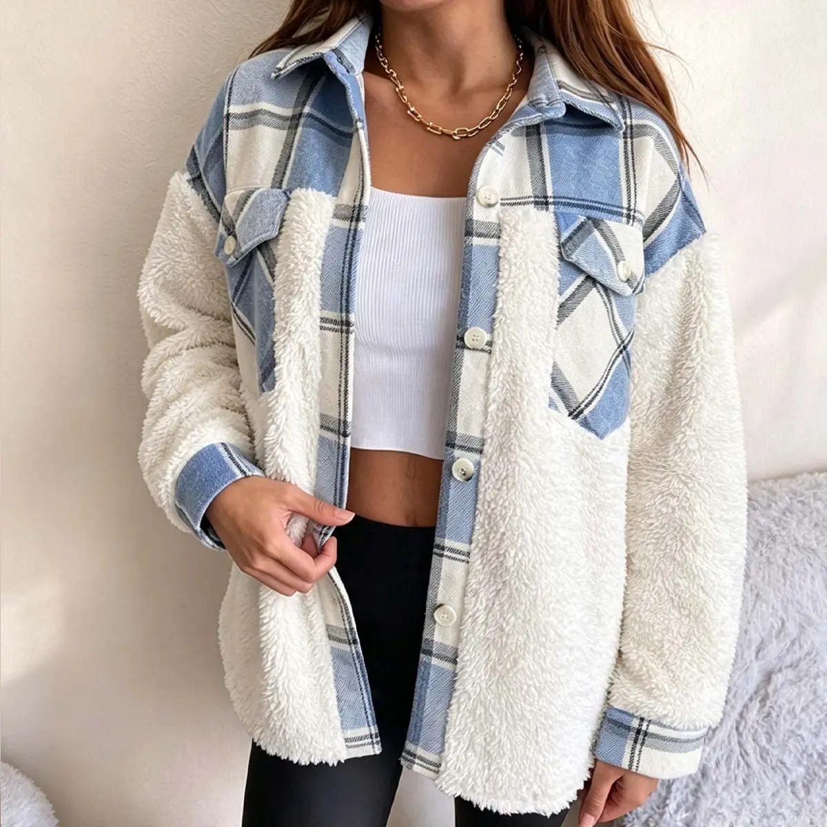 CHICME Women's Plaid Patchwork Fleece Shacket Casual Long Sleeve Button Down Faux Shearling Jacket