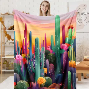 Vibrant Desert Cactus Sunset Art Blanket, 1 Count Soft Warm Flannel Throw, Aesthetic Cactus Lover Blanket for Home Office Travel