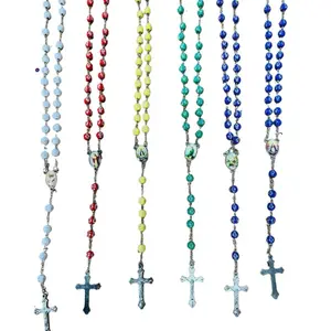 Religious Blessed Rosary Necklace with Santo Image Caridad San Lazaro Yemeya - Colorful Beads and Cross Design