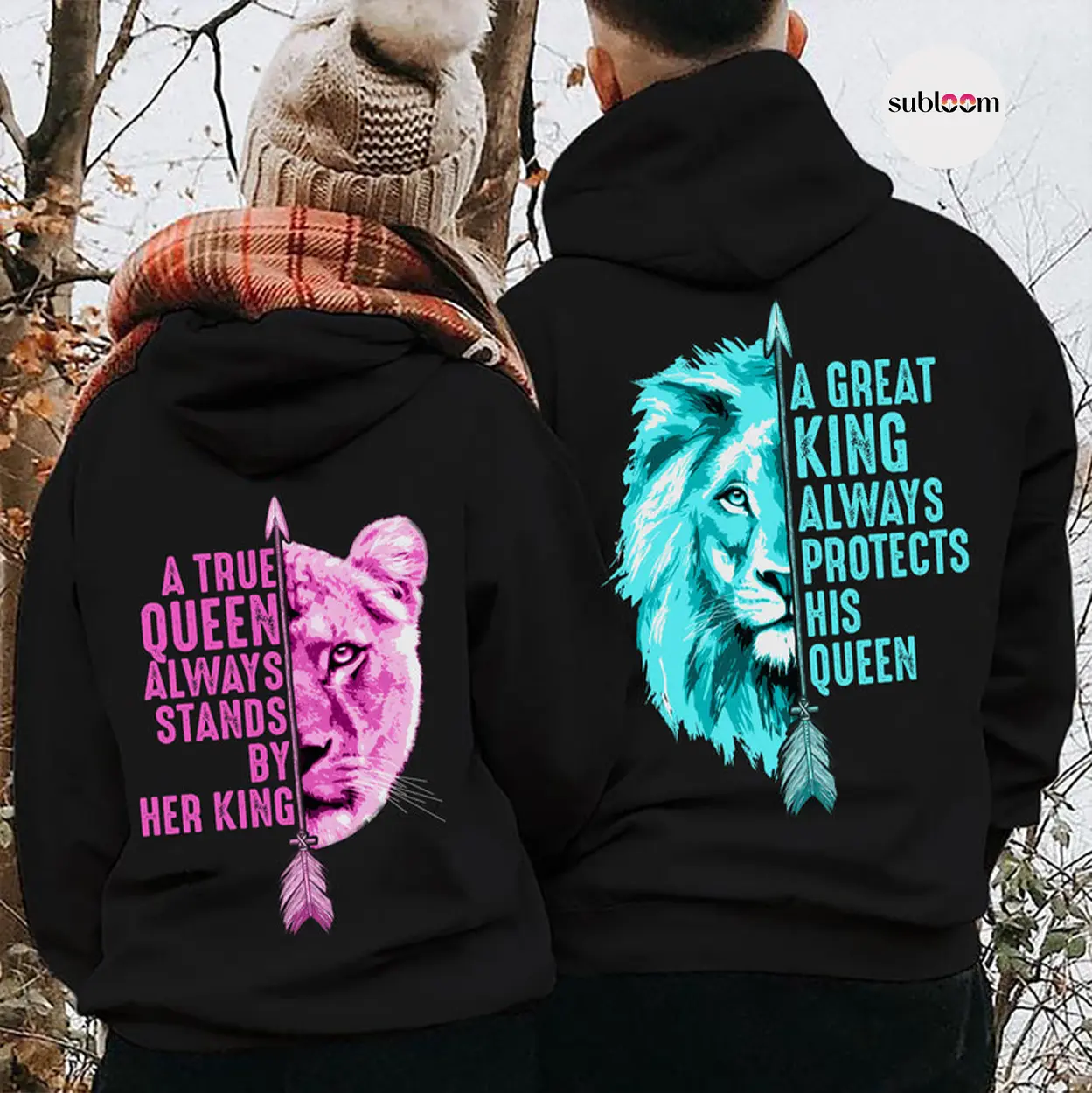 Her King and His Queen, Lion Symbolism Graphic Couple Hoodies Casual Fleece Fabric Pullover for Women for Men, Perfect Gift Classic Menswear
