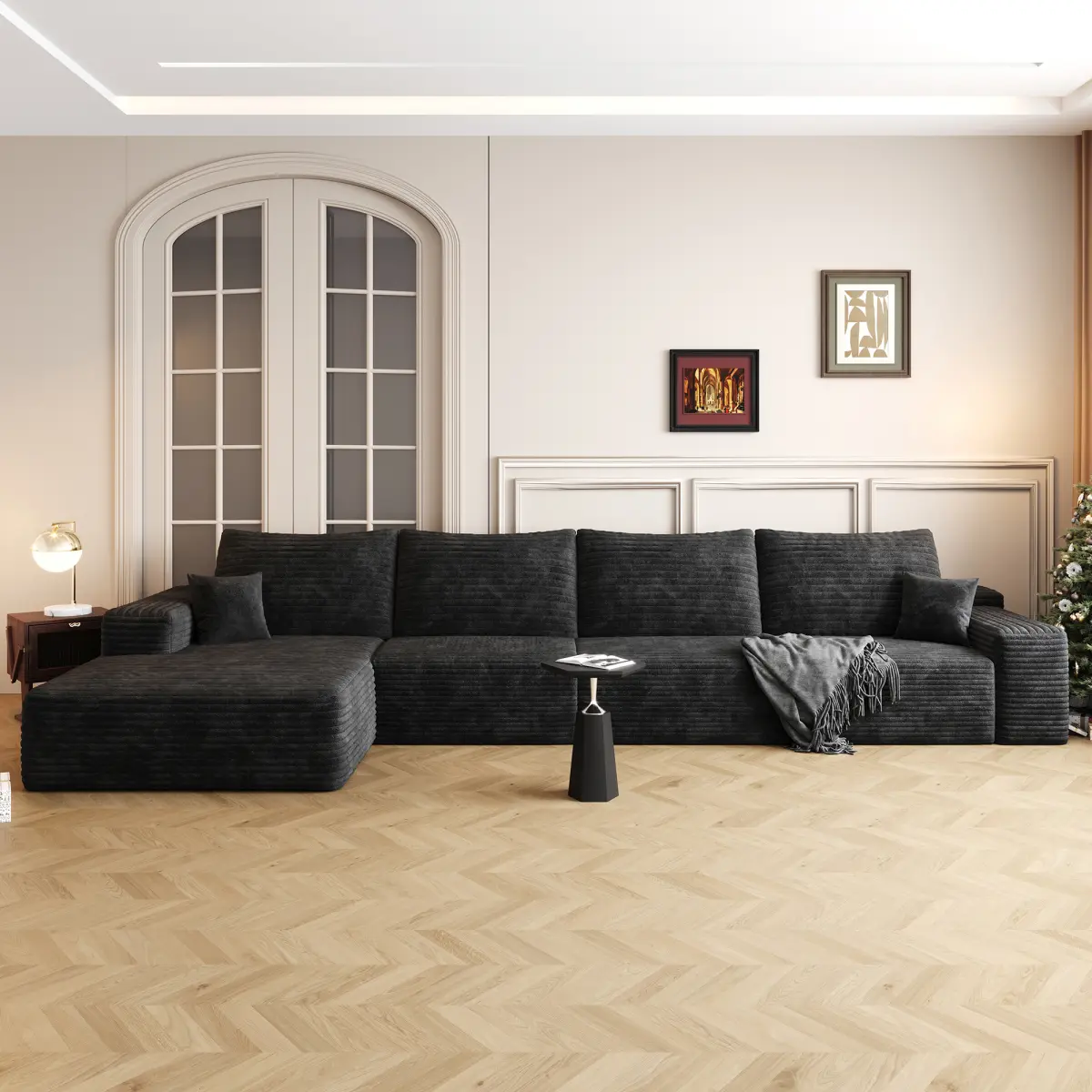Aobtkel 135" Minimalist Modular L-Shaped Reclining Corduroy Fluffy Sectional Sofa with Chaise, Deep-Seat Clean-Look Couch, No-Assembly Black All-Seasons Space-Saving Living Room Furniture for Children
