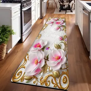 1PC， Pink and White Magnolia Flowers with Gold Ornaments Patterned strip rugs, home décor, bathroom mats, entryway mats, bathroom non-slip mats, indoor entrance rugs, bedroom bedside mats, kitchen mats, hallway rugs, flannel sponge rugs