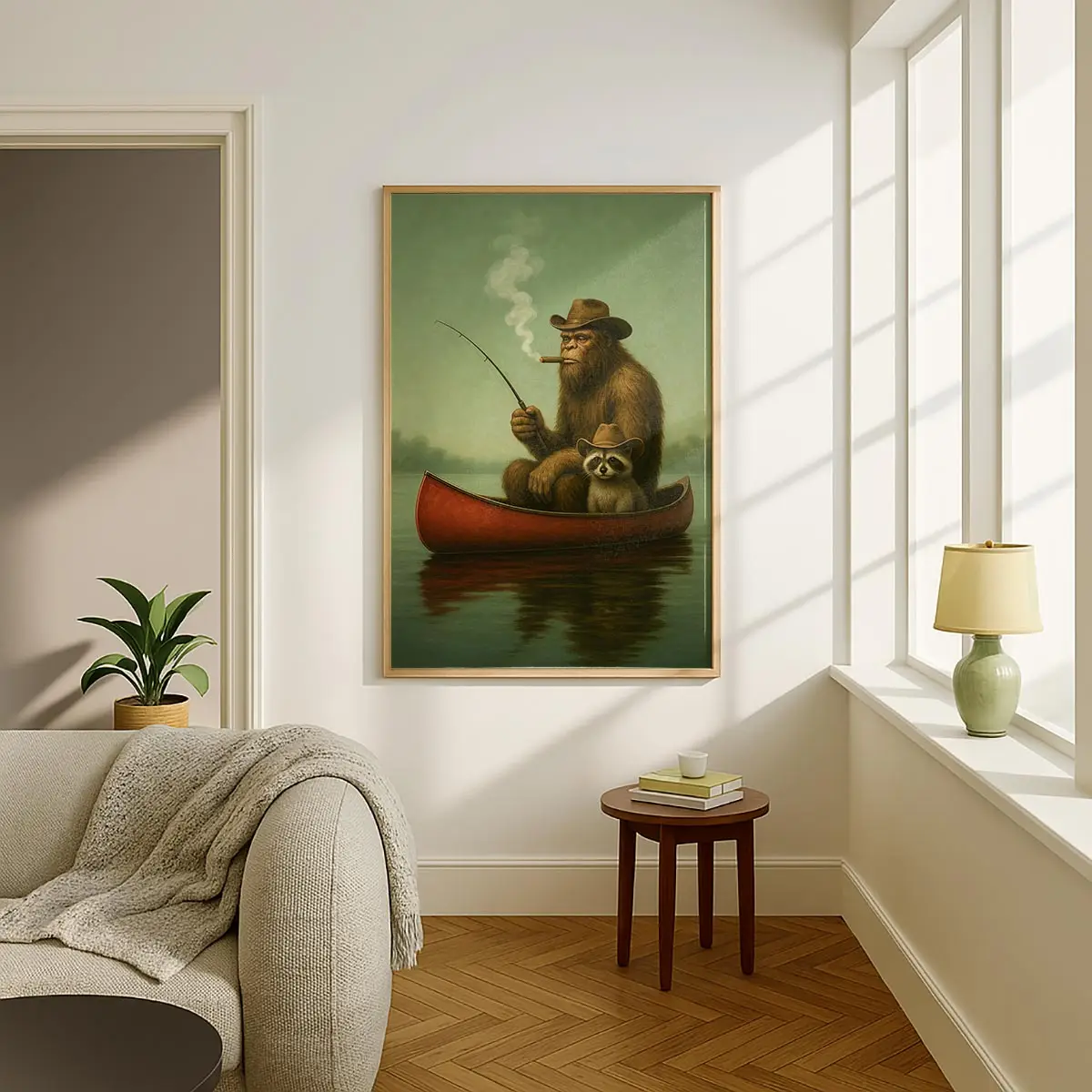 Animal Fishing in Canoe Vintage Poster Unframed, Art Funny Bigfoot Retro Sasquatch Print Cabin Wall Decor, Outdoor Sports Fisherman Illustration Gift