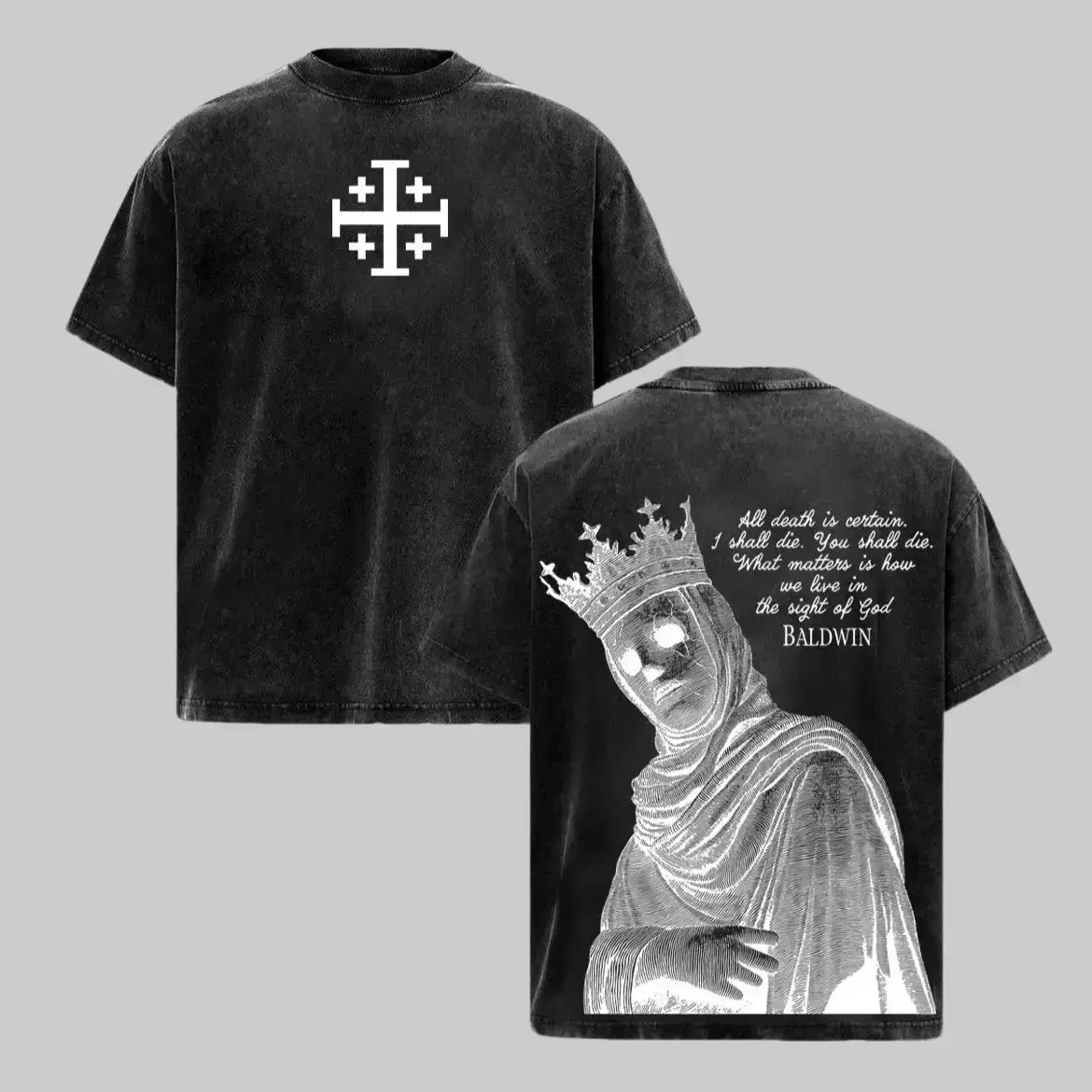 Baldwin IV The Leper King Crusader Jerusalem Cross Vintage Washed Graphic Tee Tank Top Hoodie Mens Oversized T Shirt Medieval Christian Streetwear Gothic Faith Based Apparel Jesus Outfit Gym Pump Cover Knightcore Heavyweight Holy Y2K Aesthetic, Seamless