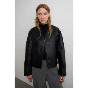 COLLARLESS VEGAN LEATHER JACKET