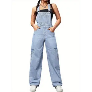 Women's Casual Cotton Denim Strappy Overalls - 1pc Solid Polyester Bib Pants for Lady, Adjustable Straps, Non-Stretch Fabric, Loose-Fitting, Cargo Pockets, All-Seasons Sleeveless Womenswear