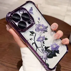 Purple flower design Four-corner Thickened Mobile Phone Case for iPhone 17 16 15 14 13 12 11 Pro Max Plus & Samsung Galaxy S26 S25 S24 S23 S22 Ultra border Electroplating with counter-fall Safety Cushion 2D printing, Accessories, Smartphone