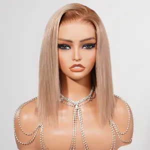 [Live]Megalook 4MTB Blonde 5x6 Glueless Lace Closure Human Hair Wig Bone Straight Short Bob Pre Cut Hair Wig Easy Install