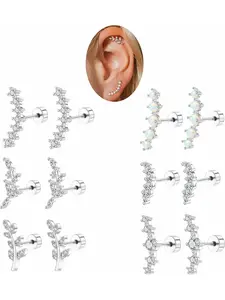 12PCS Cartilage Earrings Helix Piercing for Women Silver Hypoallergenic Surgical Steel Flat Back Opal CZ Dainty Tragus Conch Piercing Gifts Set