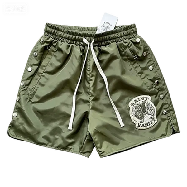 S-Saint V-Vanity Men's Nylon Swim Trunks - Rivet Relaxed Fit Athletic Shorts with Deep Side Pockets, Embroidered Patch, Metallic Rivet Button, Reinforced Hardware, Olive Green Luxury Gorpcore Streetwear, Signature Embroidered Patch