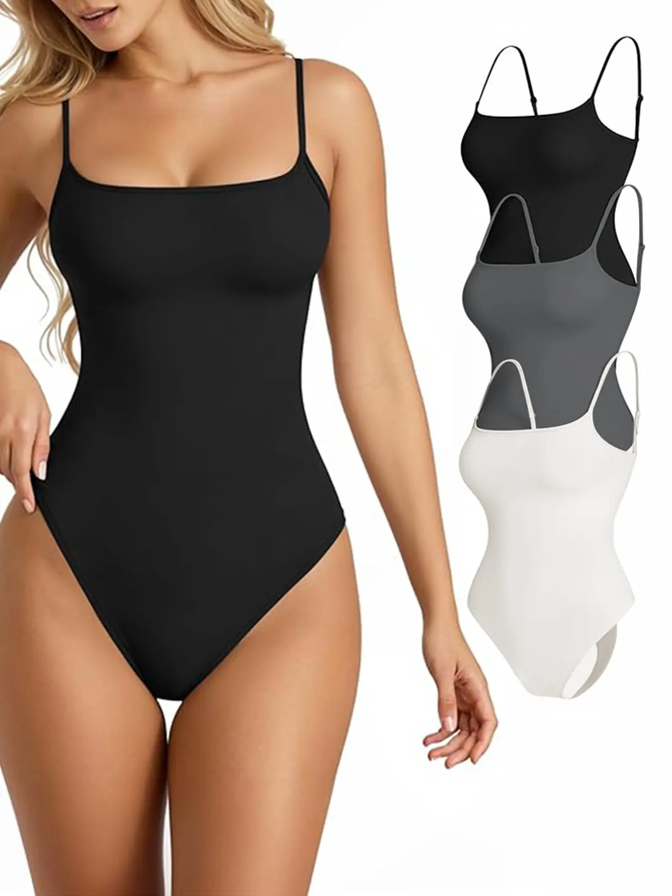 3-Pack Women's Elegant Style Spaghetti Strap Bodysuits, Breathable Everyday Wear Shapewear, Comfortable Soft Sleeveless Jumpsuits for Stylish, Womenswear, Perfect for Layering Anytime, Basic, Fitted Bodysuits