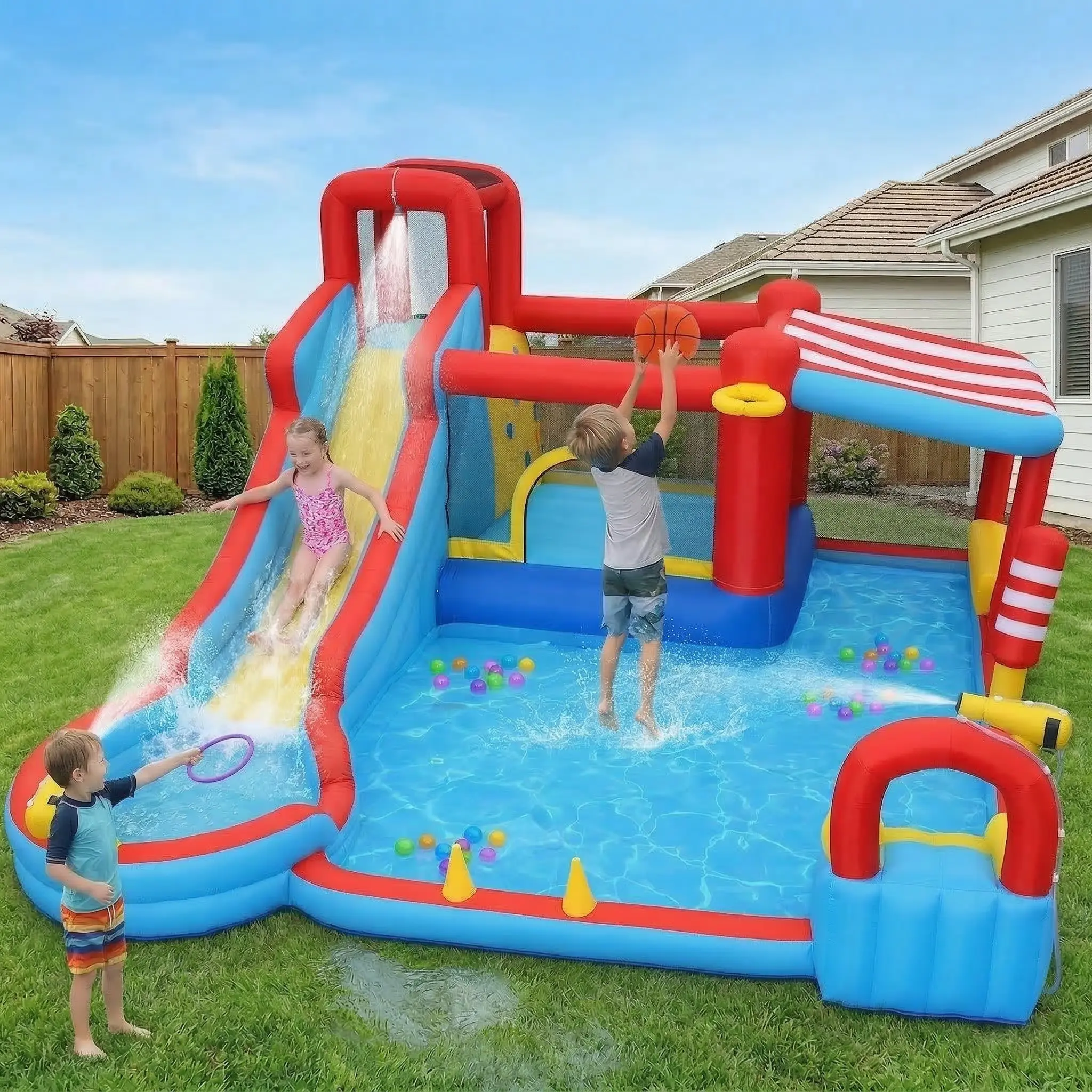 AKEYDIY 18-in-1 Inflatable Bounce House Sports Play Center (Unisex Kids) with Air Blower, Safety Mesh, Wet-Dry Slide + Splash Pool, Climbing Wall, Water Guns, Boxing Bag, Ring Toss, Detachable Water Hose for Backyard Birthday Parties, Outdoor