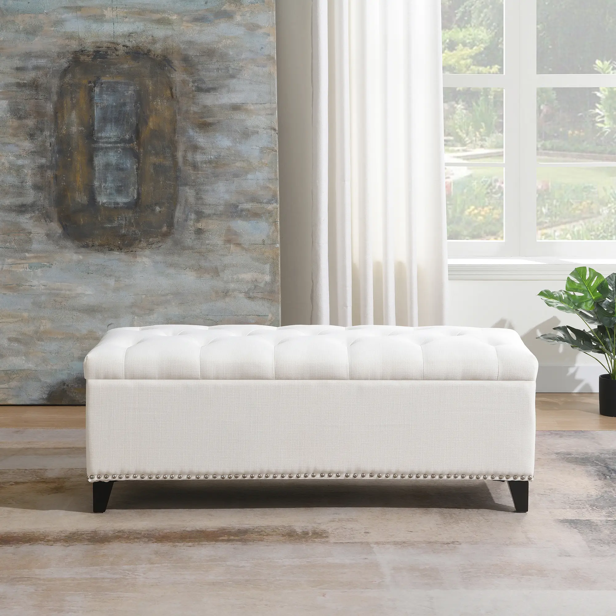 Linen Button-Tufted Rectangular Storage Ottoman with Foam, 47.5" Beige Indoor Furniture Bench with Lid & Safety Close Hinge, 500lbs Capacity Footrest for Living Room, RV, Assembly Required