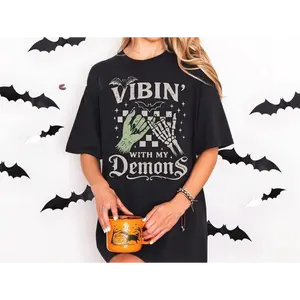 Funny Halloween Vibin With My Demons Tshirt, Spooky Season Halloween Vibes Tee, Retro Halloween Vibes Shirt Tops Womenswear Streetwear