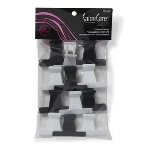 Salon Care Black & White 2 Inch Butterfly Clamps, EasyGrip Handles, Durable, Rounded Teeth Prevent Breakage