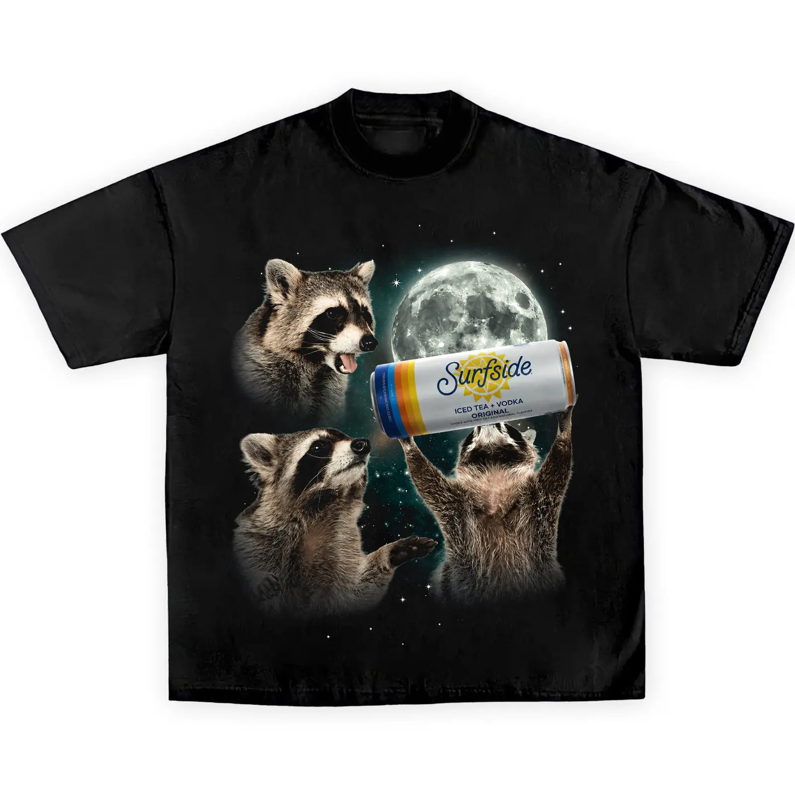 Funny Surfside Raccoon Moon T-Shirt | Three Raccoons Drinking Surfside Iced Tea Vodka Shirt | Retro Howling Raccoon Meme Tee