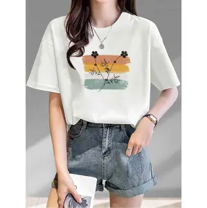 Vintage Inspired Floral Print Cotton T Shirt For Women Comfortable Round Neck Short Sleeve Casual Top Perfect For Everyday Wear