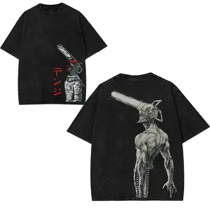 Denji Chainsaw Man Graphic Tee, Vintage Acid Washed Heavyweight Cotton Oversized Shirt, Dark Gothic Y2K Streetwear Hip Hop Casual Daily Anime Fan Merch Short Sleeve Top For Unisex Men